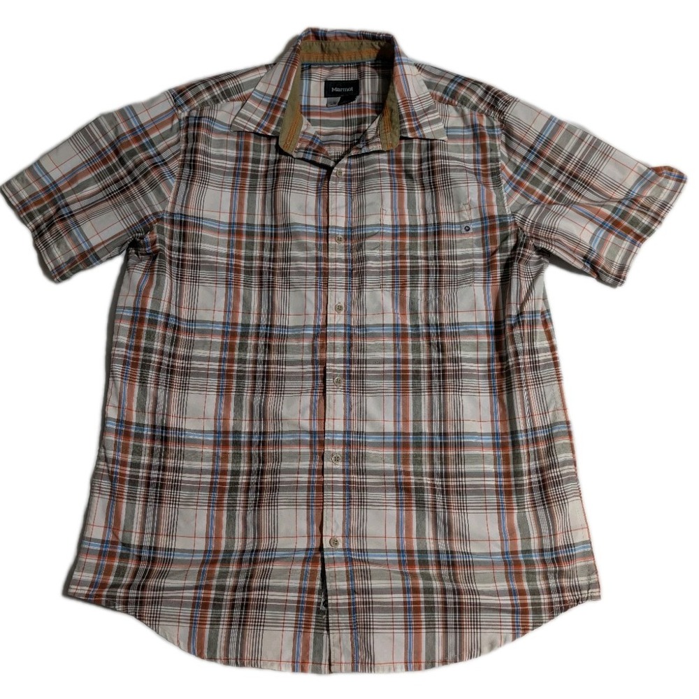 Marmot Men's Short Sleeve Plaid Button Up Shirt Tan Orange Blue Size L